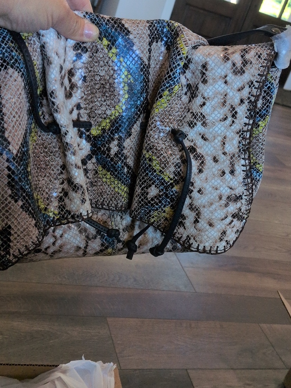 Sharif Snake-Embossed Drawstring Shoulder Bag Royal Blue Cream & Yellow Accents